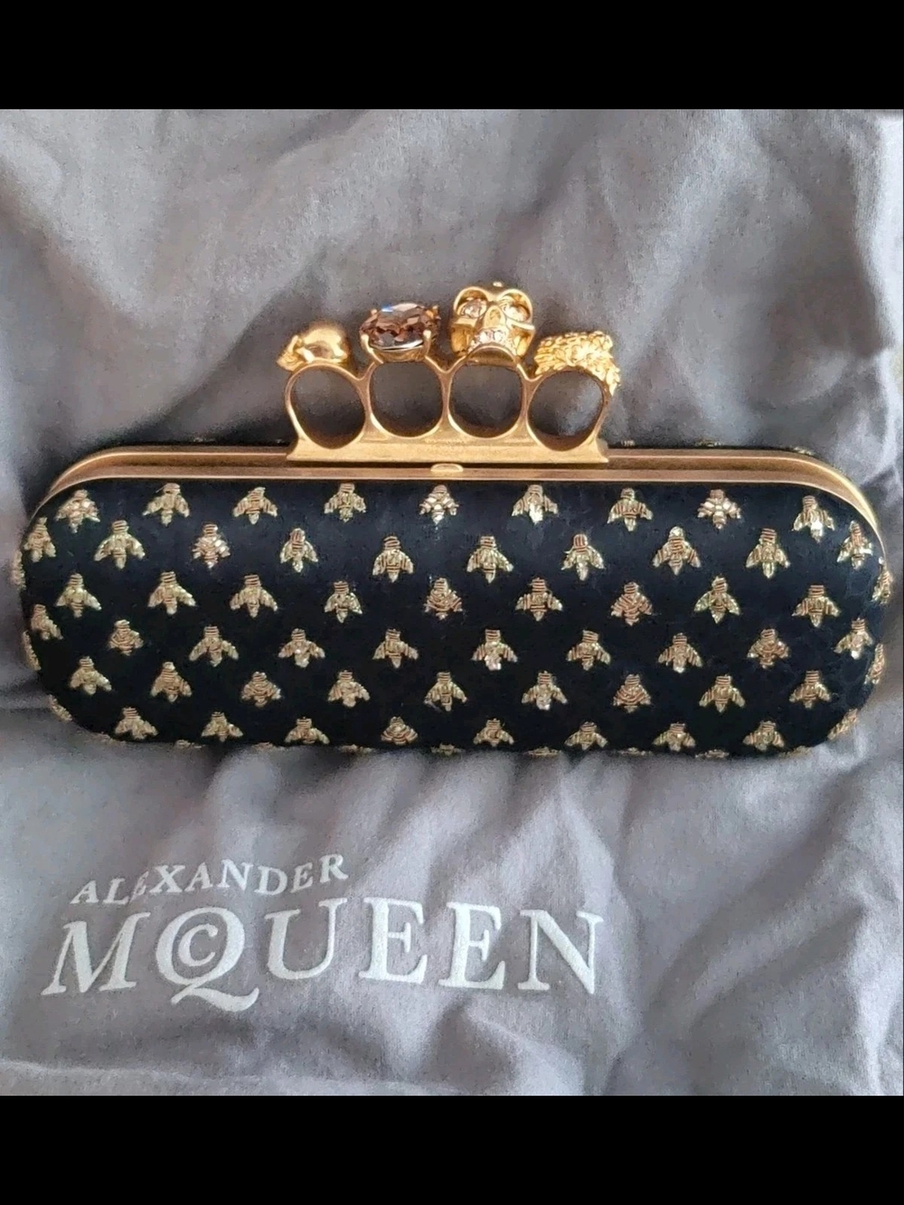 $4495 Retail Vintage Spring 2013 Alexander McQueen Bees Satin Knucklebox Clutch
